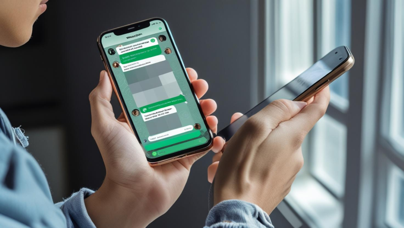 persona con celular en la mano en una conversacion en whatsapp pero que no se lea la conversacion-1